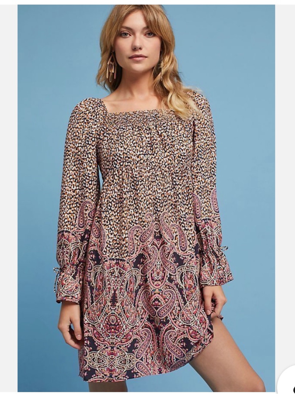 Maeve Brown and Pink Paisley & Leopard Smocked Peasant Dress - Picture 2 of 9